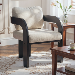Sunvega Dining Chairs with Pillow Back, Natural Rubber Wood Frame and Beige Fabric, 2-Pack