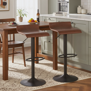 Sunvega Adjustable Antique Metal Industrial Bar Stool with Brown Faux Leather Seat