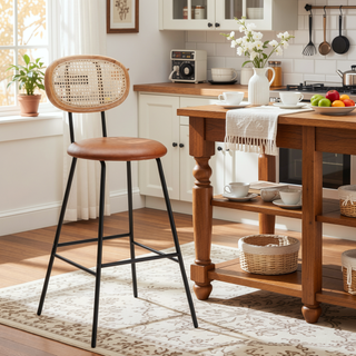 Sunvega Industrial Style Metal Bar Stools with Faux Leather Seat and Rattan Backrest