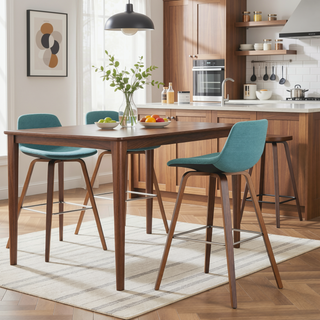Sunvega Mid Century Modern Bentwood Counter Bar Stools with Aqua Blue Fabric Set of 2