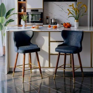 Sunvega Mid-Century Modern Blue Faux Leather Tufted Counter Stool Set with Nailhead Trim