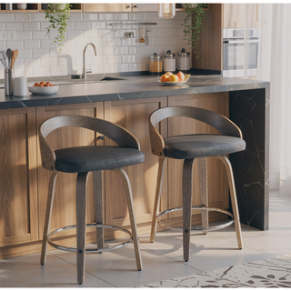Sunvega Mid-Century Modern Counter Stool with Light Grey Wood and Black Faux Leather