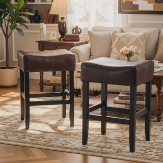Sunvega Marbled Brown Bonded Leather Saddle Seat Counter Stools 2-Piece Set