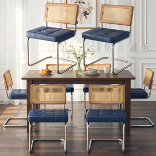 Sunvega Modern Mid-Century Rattan Dining Chairs Set of 4 with Faux Leather Seat