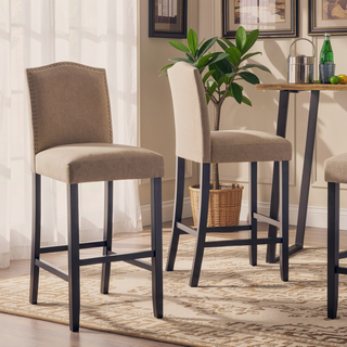 Sunvega Traditional Solid Wood Bar Stools Set of 2 with Linen Upholstery