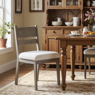 Sunvega Modern Farmhouse Wood Dining Chair with Textured Cream Upholstery Set of 2