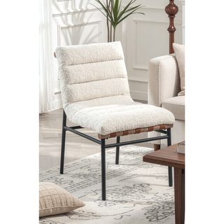 Sunvega Boucle Upholstered Chair with Cognac PU Leather Detailing and Black Iron Legs