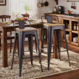 Sunvega Industrial Low Back Barstool Set of 2 in Black Metal and Wood