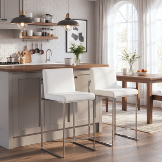 Sunvega Fuji High Back Counter Stool Set of 3 in White Velvet and Stainless Steel