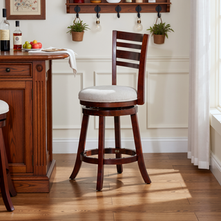 Sunvega Cherry Finish Beige Fabric Slat Back Swivel Stool for Counter Height