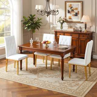 Sunvega White PU Dining Chairs with Grid Quilting and Gold Metal Legs 4-Piece Set