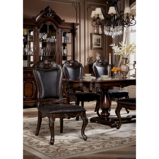 Sunvega Traditional Walnut Solid Wood Dining Chairs with Dark Brown Leatherette Seats