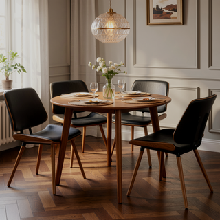 Sunvega Mid-Century Modern Walnut Dining Chair with Black Faux Leather and Padded Seat Set of 2