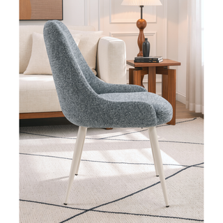 Sunvega Light Blue Boucle Upholstered Side Chair with White Metal Base and Padded Seat
