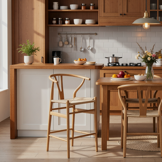 Sunvega Mid-Century Wishbone Barstool with Woven Papercord Seat Fully Assembled Walnut
