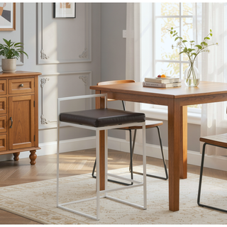 Sunvega Contemporary Stackable Counter Stool with White Frame and Brown Faux Leather Cushion