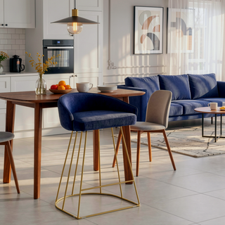 Sunvega Gold Tone Metal Frame Counter Stool with Blue Velvet Upholstered Seat