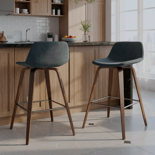 Sunvega Distressed Blue Vegan Faux Leather Upholstered Bentwood Bar Stools Set of 2