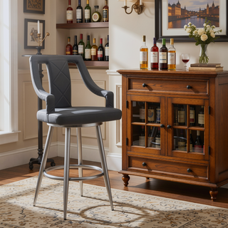 Sunvega 26 Inch Gray Faux Leather Swivel Bar Stool with Brushed Stainless Steel Frame