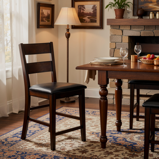 Sunvega Cherry Finish Wood Frame Bench with Dark Brown Faux Leather Upholstered Seat