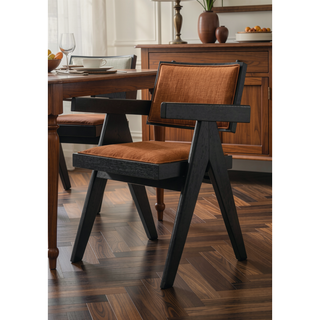 Sunvega Jasper 21 Inch Set of 2 Ebony Black Dining Arm Chairs with Beige Upholstered Seat