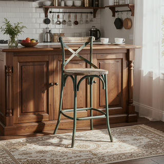 Sunvega Antique Turquoise Finish Metal Frame Vintage Style X-Shape Backrest Bar Chair