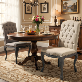 Sunvega Upholstered Dining Chairs with Button Tufting and Weathered Wood Legs Set of 2