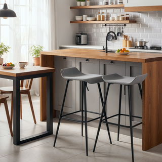 Sunvega Black Metal Base Grey Faux Leather Upholstered Fixed Height Bar Stool Set