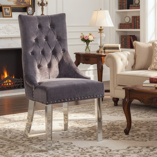 Sunvega Tufted Gray Velvet Dining Chair with Acrylic Legs and Diamond Stitching