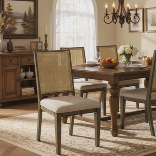 Sunvega Woven Rattan Back Dining Side Chair with Natural Wood Tone and Square Legs