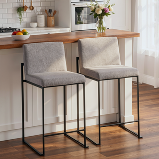 Sunvega Contemporary High Back Counter Stool with Padded Seat and Backrest in Black Steel and Grey Fabric - Set of 2