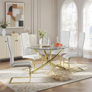 Sunvega White and Gold Upholstered Dining Side Chair with Softly Padded High Back