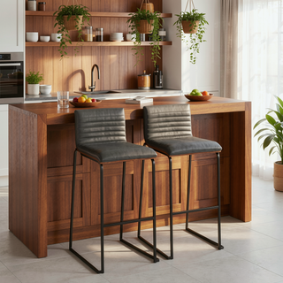 Sunvega Mason Mara Contemporary Fixed-Height Barstool in Black Metal and Grey Faux Leather