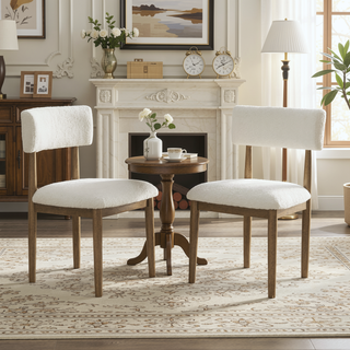 Sunvega Set of 2 Walnut Oak Dining Chairs with Beige Sherpa Fabric and Open Back