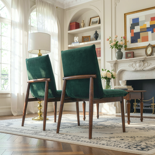Sunvega Dark Green Velvet Upholstered Dining Chair Set of 2 With Solid Wood Legs