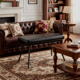 Sunvega Tufted Cushion Side Bench with Padded Goat Leather Upholstery and Tapered Metal Legs