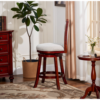 Sunvega 24 Inch Counter Height X-Back Swivel Stool with Beige Fabric Seat and Cherry Finish