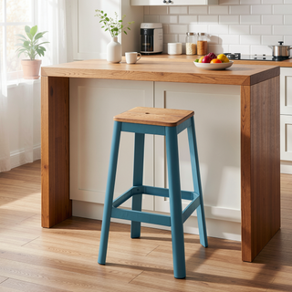 Sunvega Teal Finish Casual Look Bar Stool with Square Wooden Seat and Metal Frame