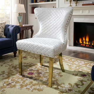 Sunvega Glam Style 2pc Side Chair with White Diamond Pattern Upholstery and Gold Square Legs