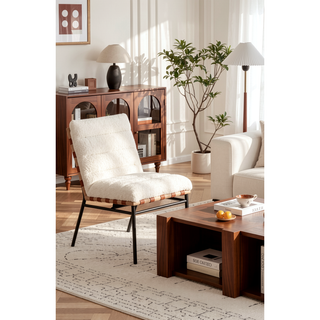 Sunvega Boucle Upholstered Chair with Cognac PU Leather Detailing and Black Iron Legs