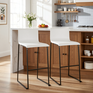 Sunvega Contemporary Black Steel and White Faux Leather Barstools with Footrest Set of 2