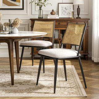 Sunvega Mid-Century Modern Dining Chairs with Rattan Backrest & Thick Boucle Cushion