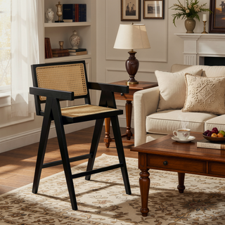 Sunvega Cream Grey Woven Cane Plastic Backrest Bar Stool with Foam-Padded Fabric Seat