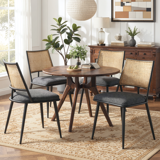 Sunvega Mid-Century Modern Dining Chairs with Rattan Backrest & Thick Boucle Cushion