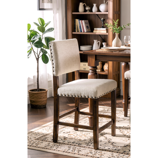 Sunvega Ivory Upholstered Padded Linen Dining Chairs with Nailhead Trim Set of 2