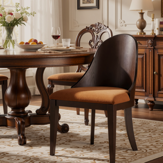 Sunvega Dark Walnut Brown Curved Panel Back Dining Chairs with Off White Fabric