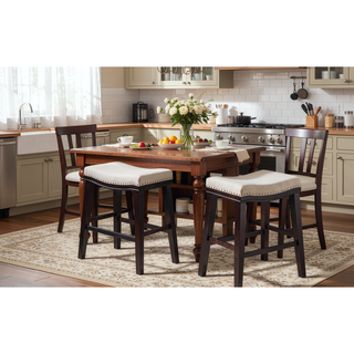 Sunvega Fabric Polyurethane Leather Bar Stools with Rubberwood Legs Dark Brown