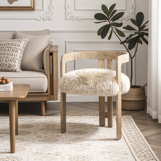 Sunvega Low Back Genuine New Zealand Sheepskin Fur Dining Chair with Solid Ash Wood Frame