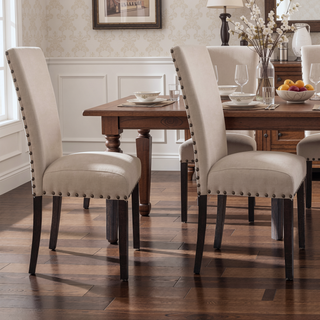 Sunvega Beige and Salvage Dark Oak Upholstery Side Chair with Nailhead Trim