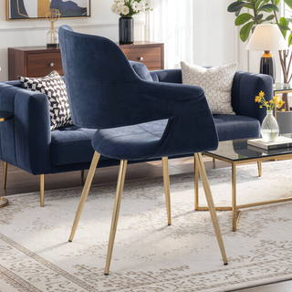 Sunvega Glam Art Deco Chair with Gold Metal Legs and Blue Velvet Upholstery